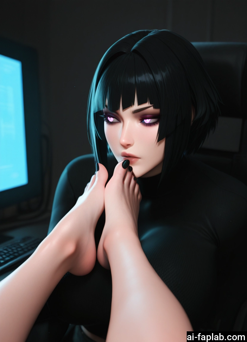 black hair, short hair, feet, barefoot, heart, black nails