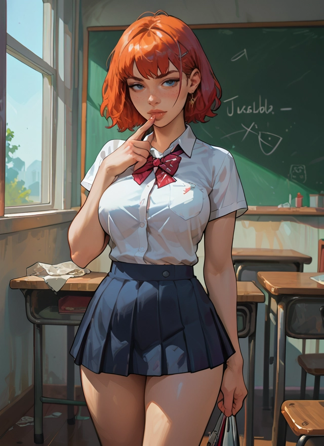 1girl, skirt, breasts, jewelry, earrings, chalkboard · Yamete.gg