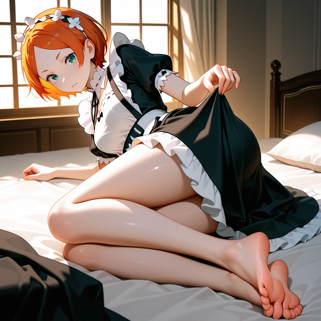 1girl, barefoot, solo, short hair, feet, orange hair · Yamete.gg