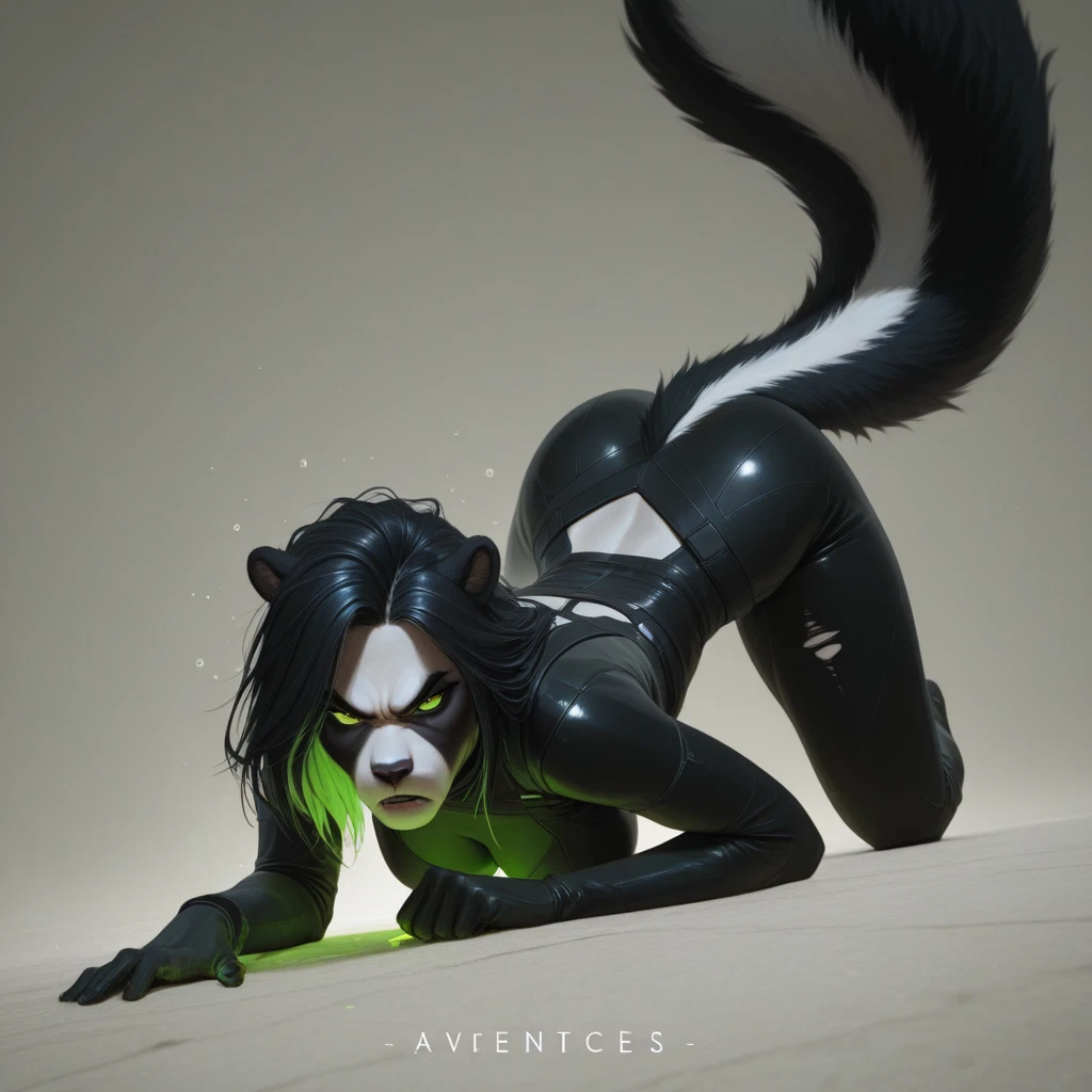 furry, 1girl, black hair, tail, green eyes, solo · Yamete.gg