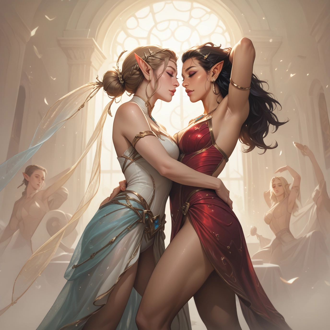 multiple girls, pointy ears, breasts, black hair, dress, jewelry · Yamete.gg