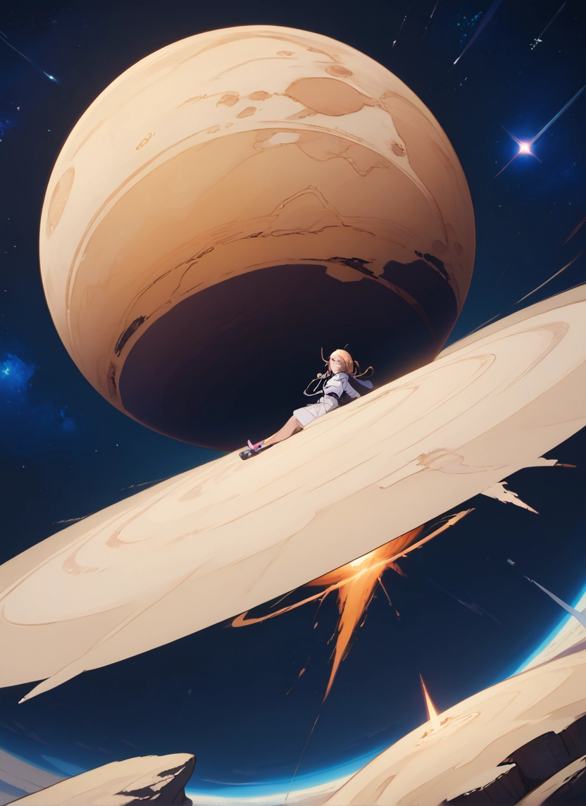 1girl, blonde hair, solo, dress, planet, white dress · Yamete.gg