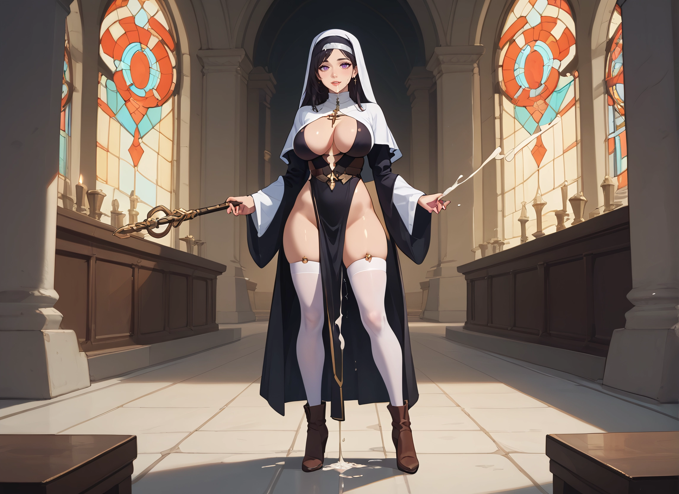 1girl, breasts, thighhighs, nun, large breasts, solo · Yamete.gg
