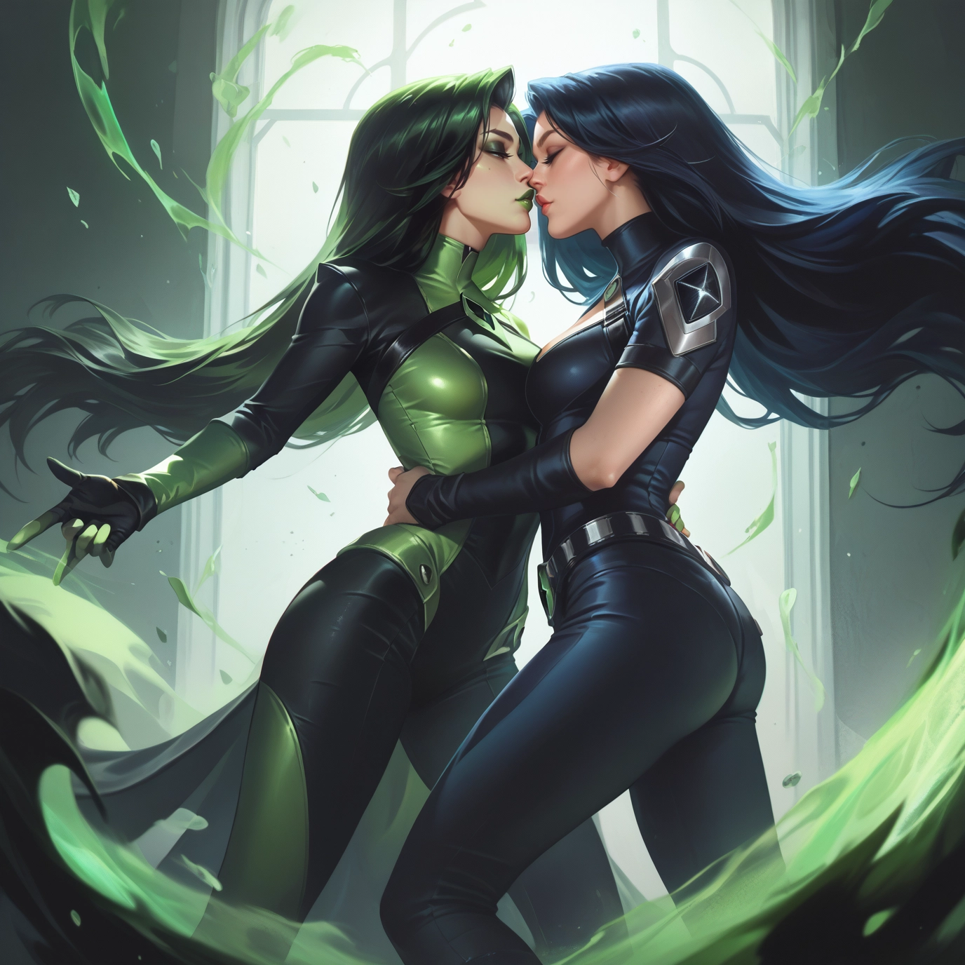 multiple girls, 2girls, long hair, green hair, bodysuit, yuri · Yamete.gg