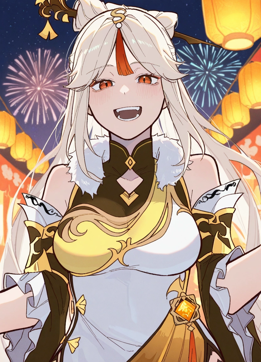 1girl, hair ornament, open mouth, fireworks, dress, solo · Yamete.gg
