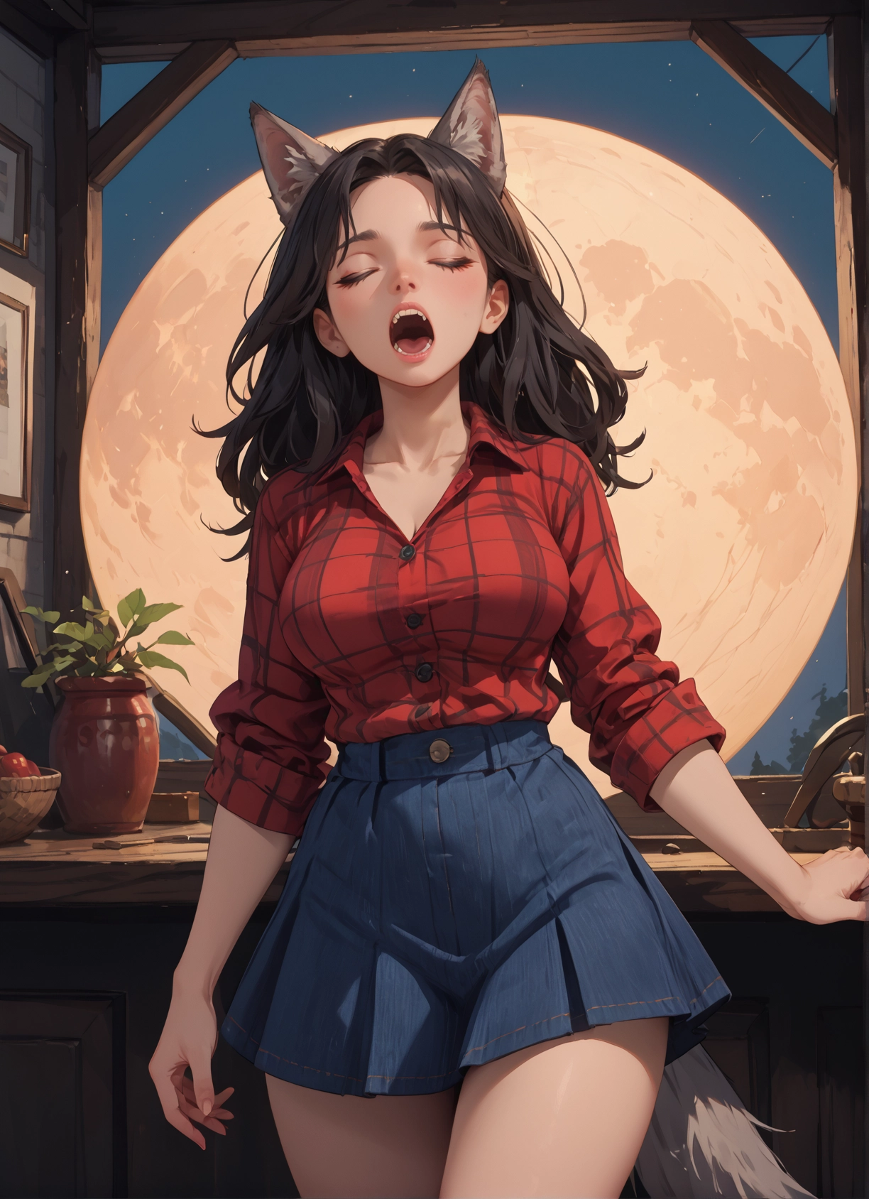 1girl, animal ears, skirt, tail, open mouth, closed eyes · Yamete.gg