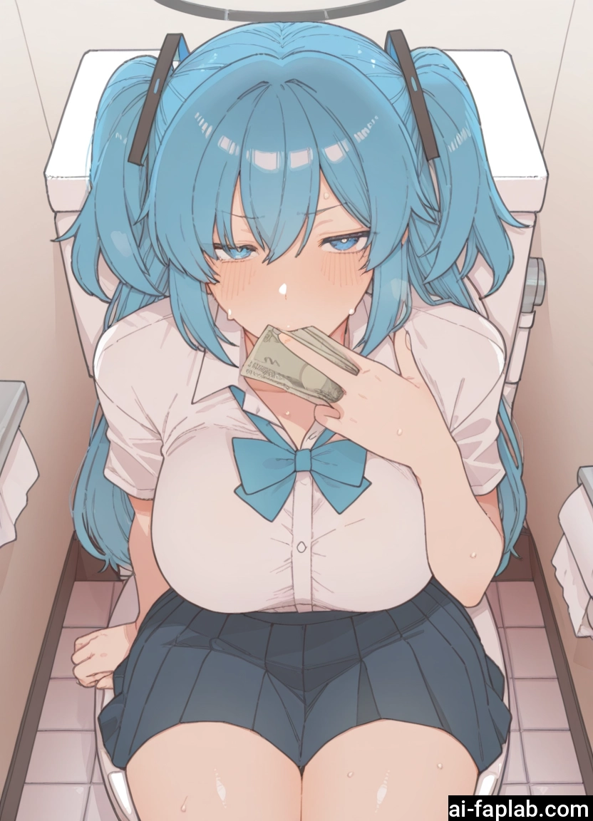 1girl, skirt, toilet, money, breasts, solo