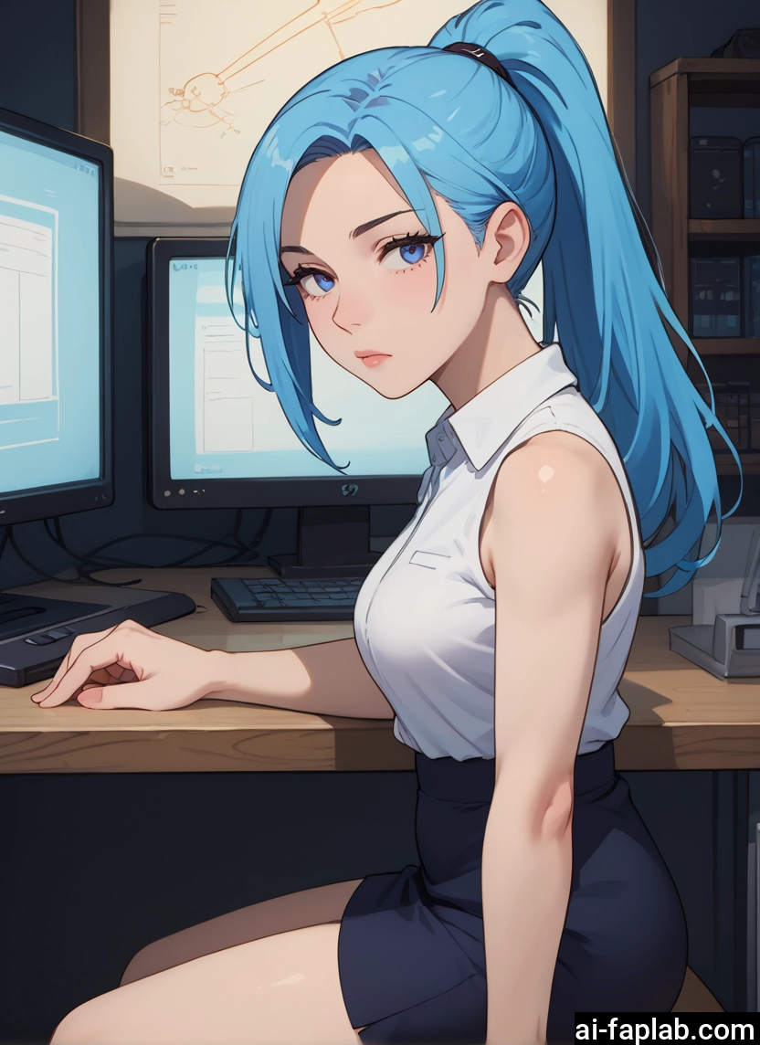 1girl, blue eyes, solo, skirt, blue hair, ponytail · Yamete.gg
