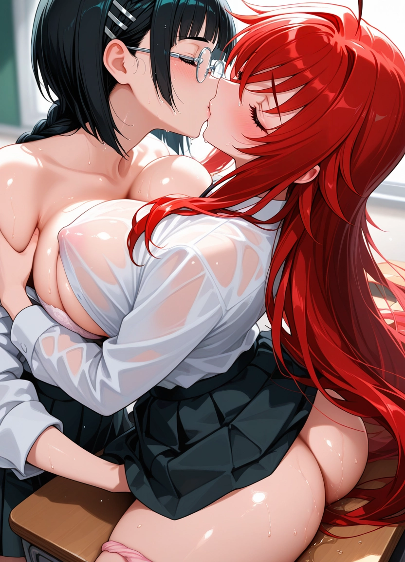 breasts, multiple girls, 2girls, yuri, kiss, skirt · Yamete.gg