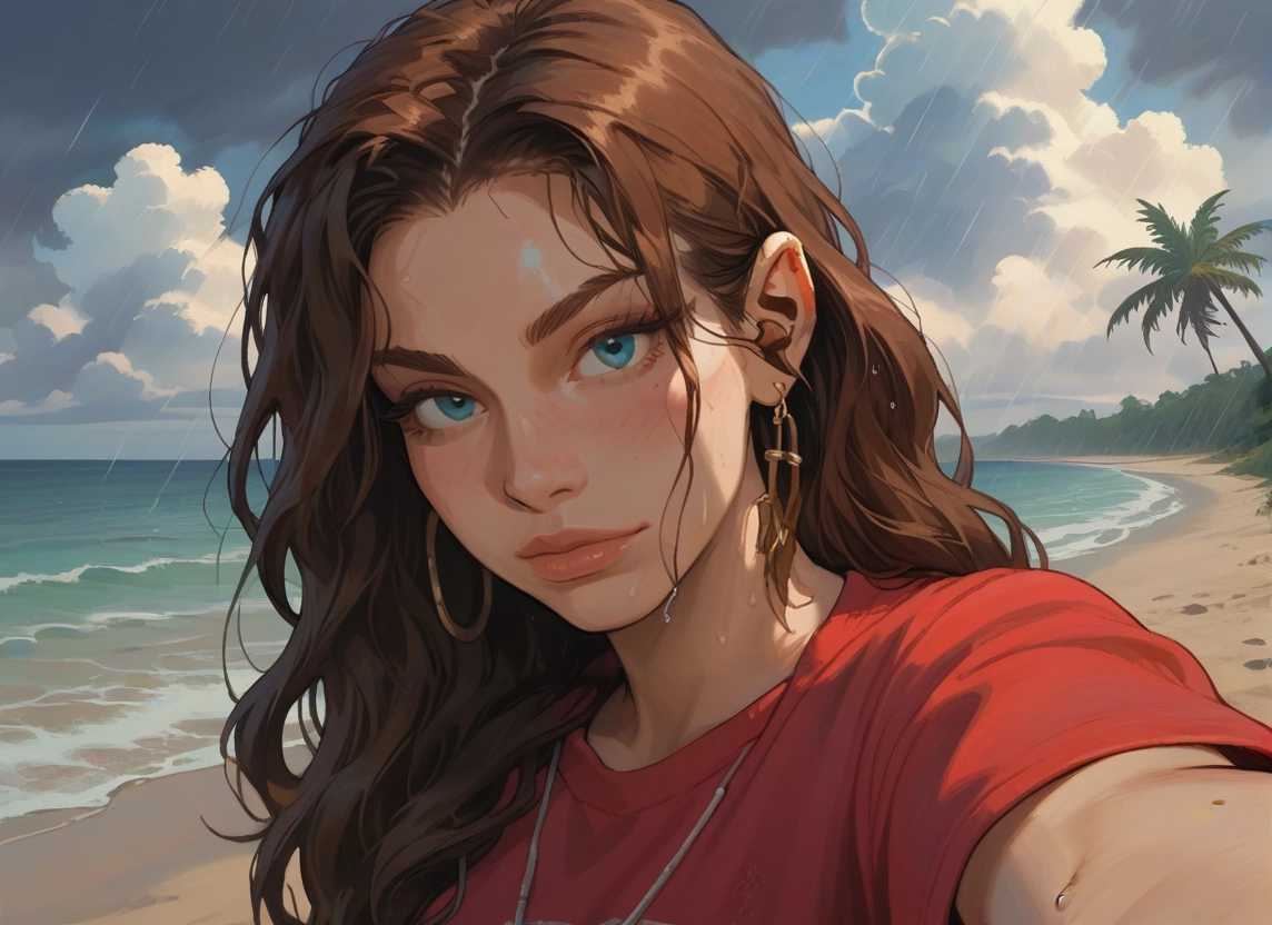 1girl, jewelry, brown hair, solo, earrings, shirt · Yamete.gg