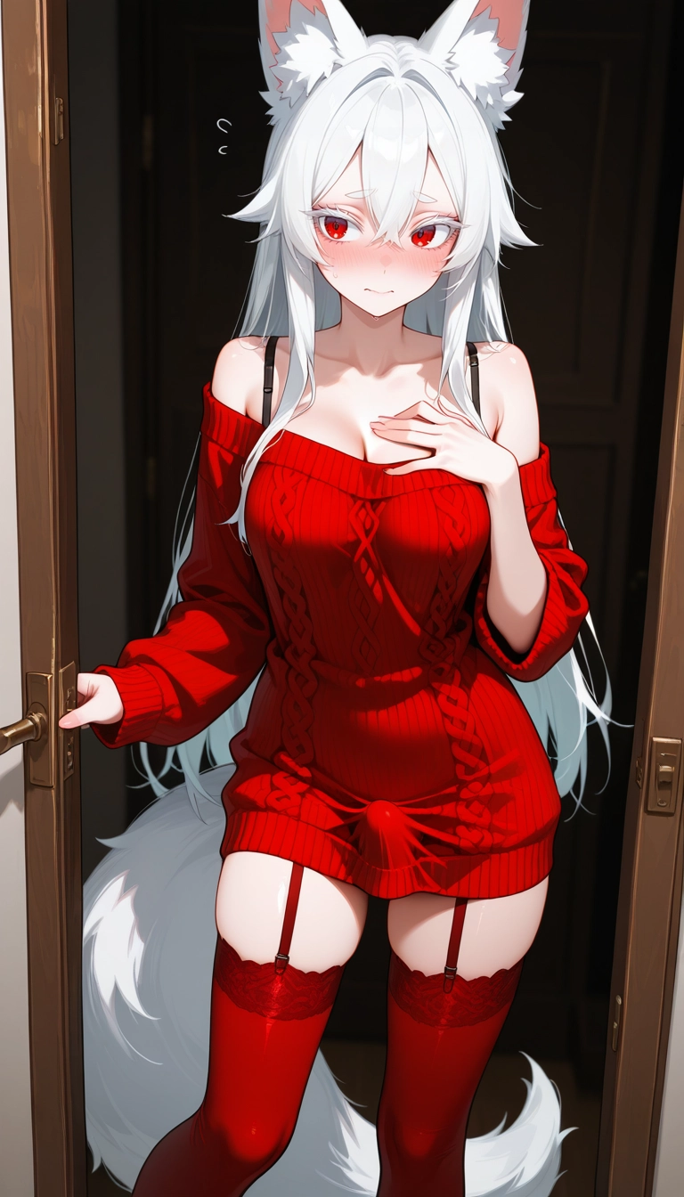 1girl, solo, red eyes, red thighhighs, thighhighs, animal ears
