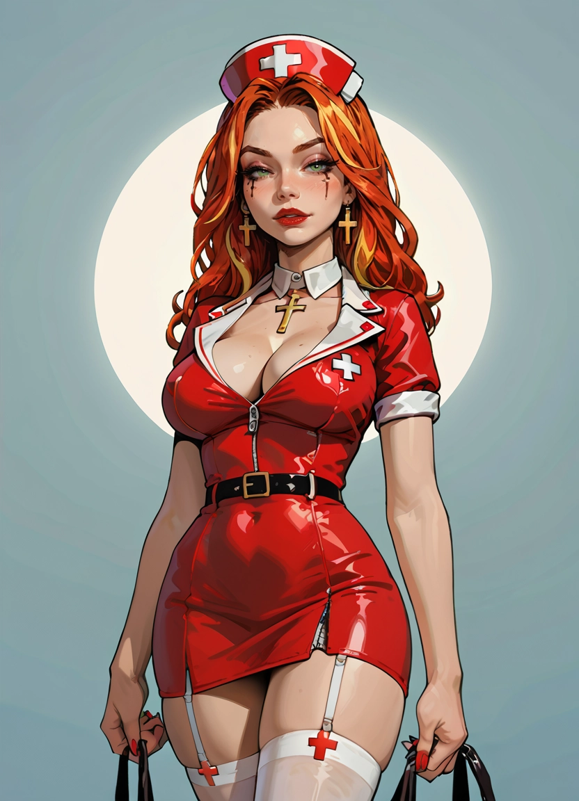 1girl, breasts, solo, cross, red nails, jewelry