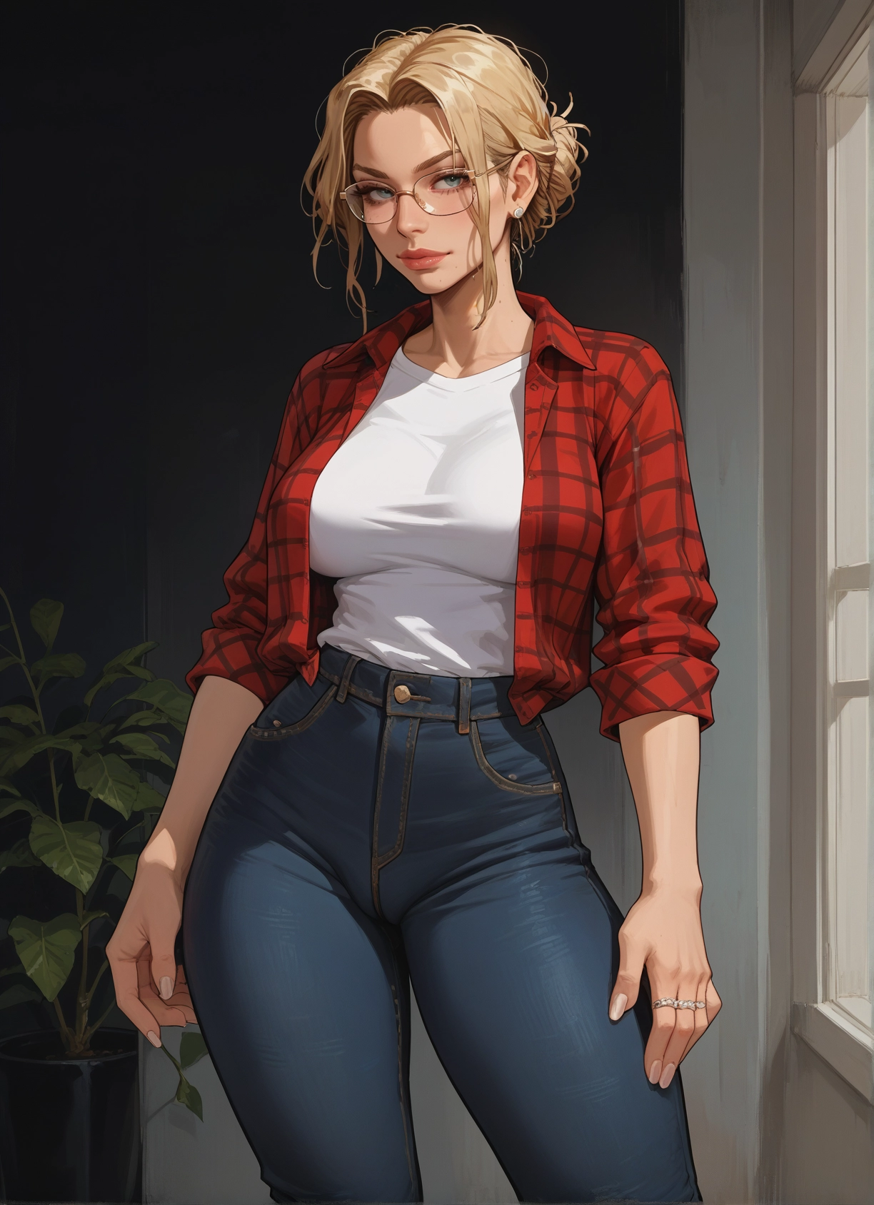 1girl, jewelry, blonde hair, pants, glasses, breasts · Yamete.gg