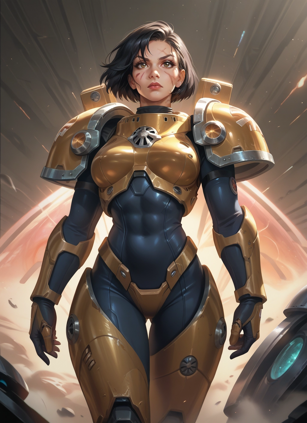 1girl, solo, short hair, brown eyes, bodysuit, armor