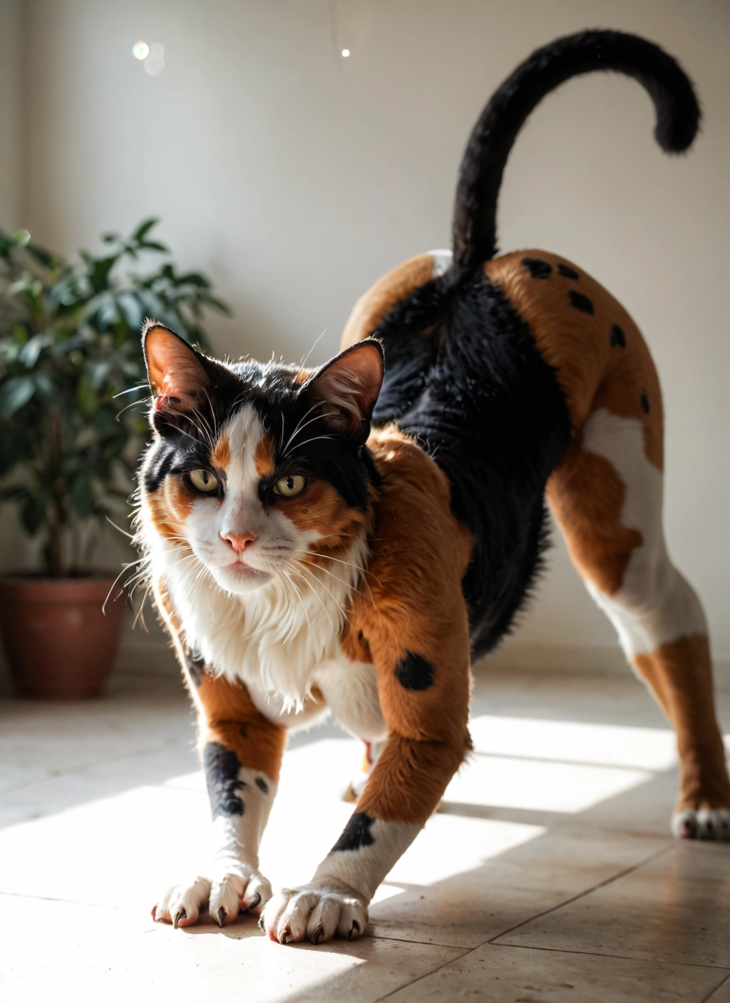 furry, cat, no humans, plant, solo, potted plant