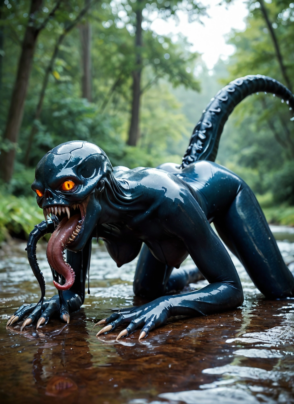 1girl, tongue, breasts, solo, tongue out, sharp teeth · Yamete.gg