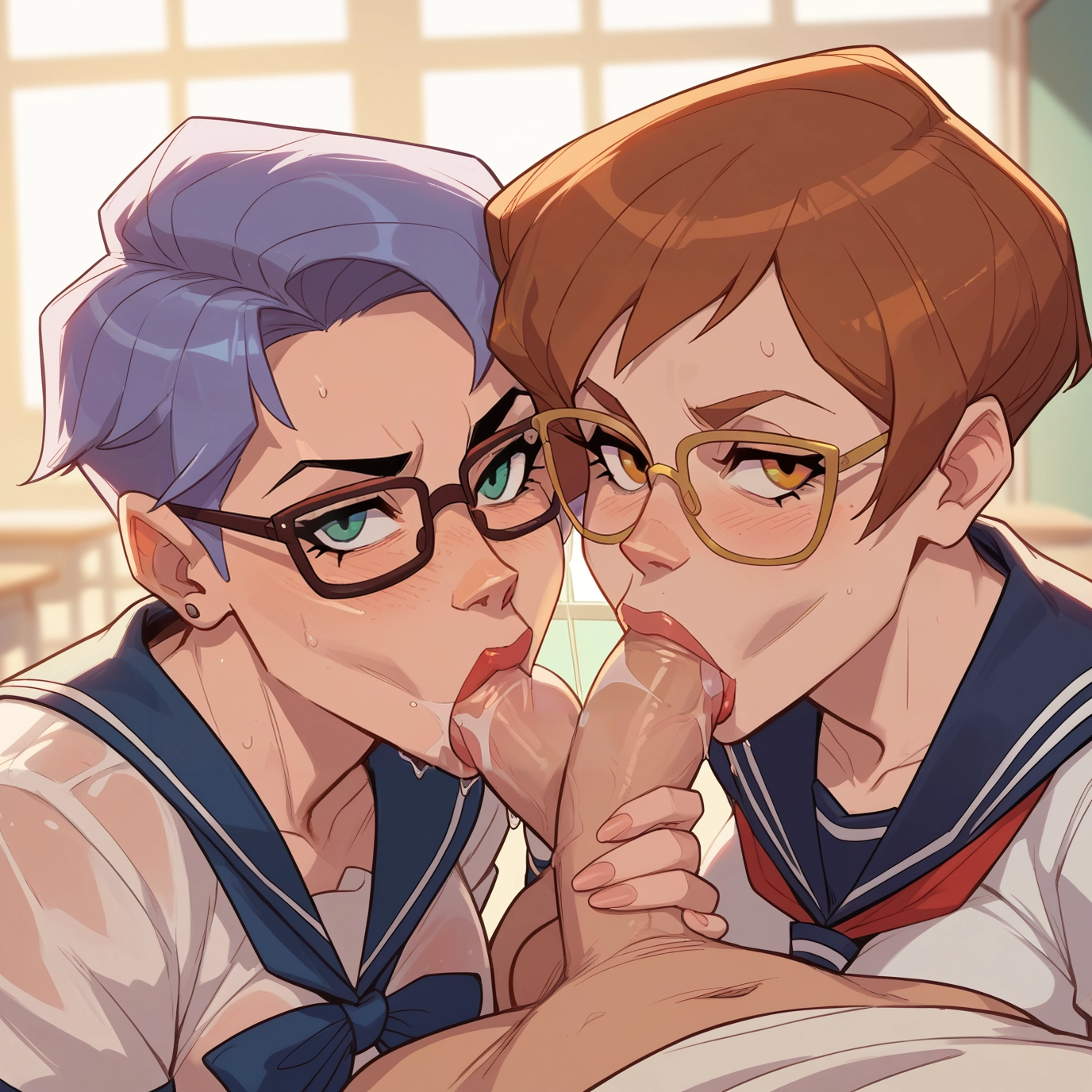 penis, oral, multiple girls, fellatio, 2girls, glasses · Yamete.gg