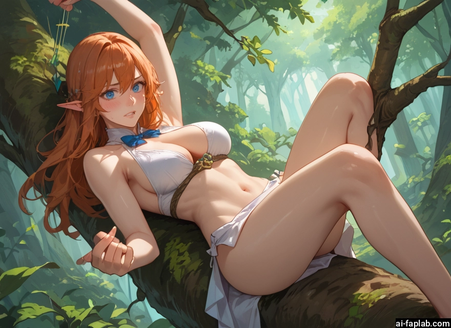 1girl, breasts, pointy ears, blue eyes, long hair, navel