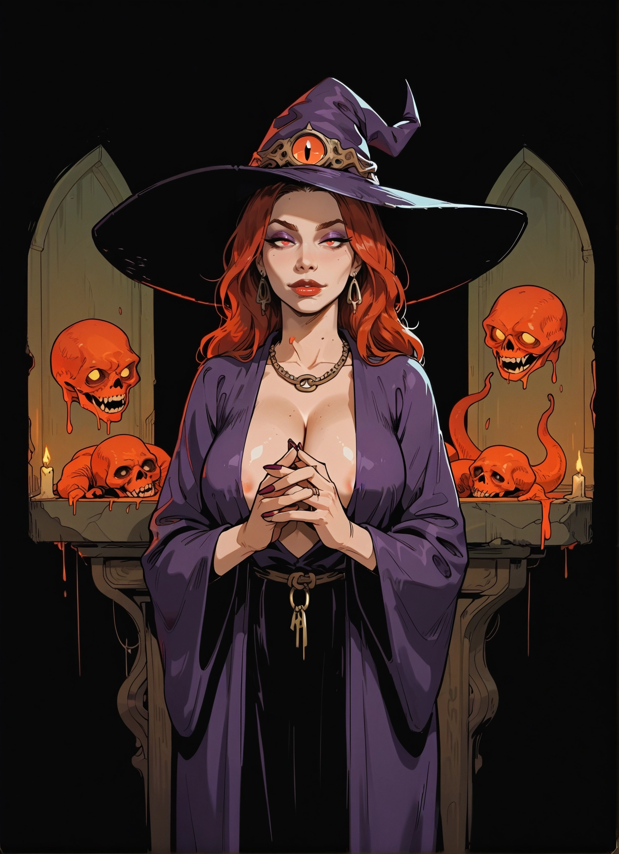 1girl, hat, breasts, witch hat, jewelry, earrings