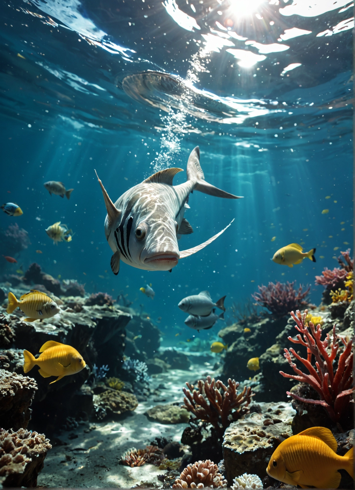 no humans, fish, underwater, coral, bubble, air bubble