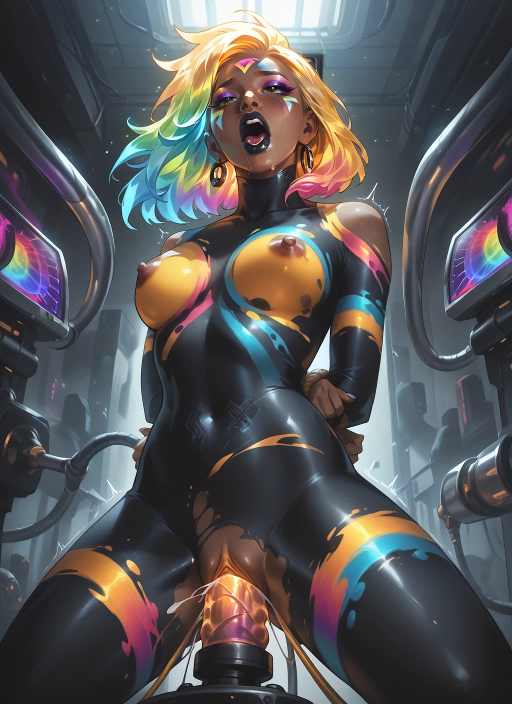 1girl, breasts, jewelry, earrings, nipples, bodysuit · Yamete.gg