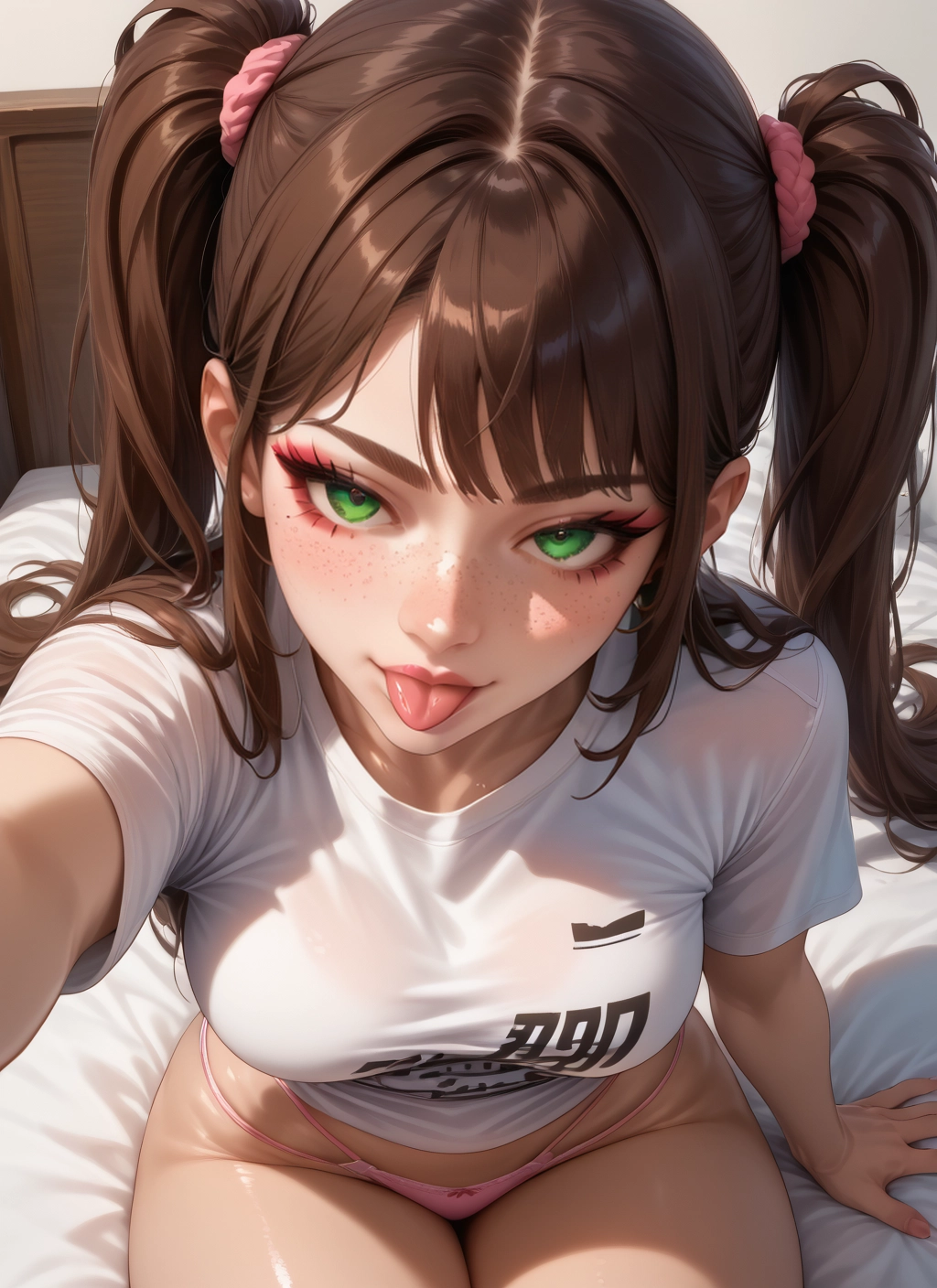 1girl, underwear, tongue, panties, tongue out, green eyes · Yamete.gg