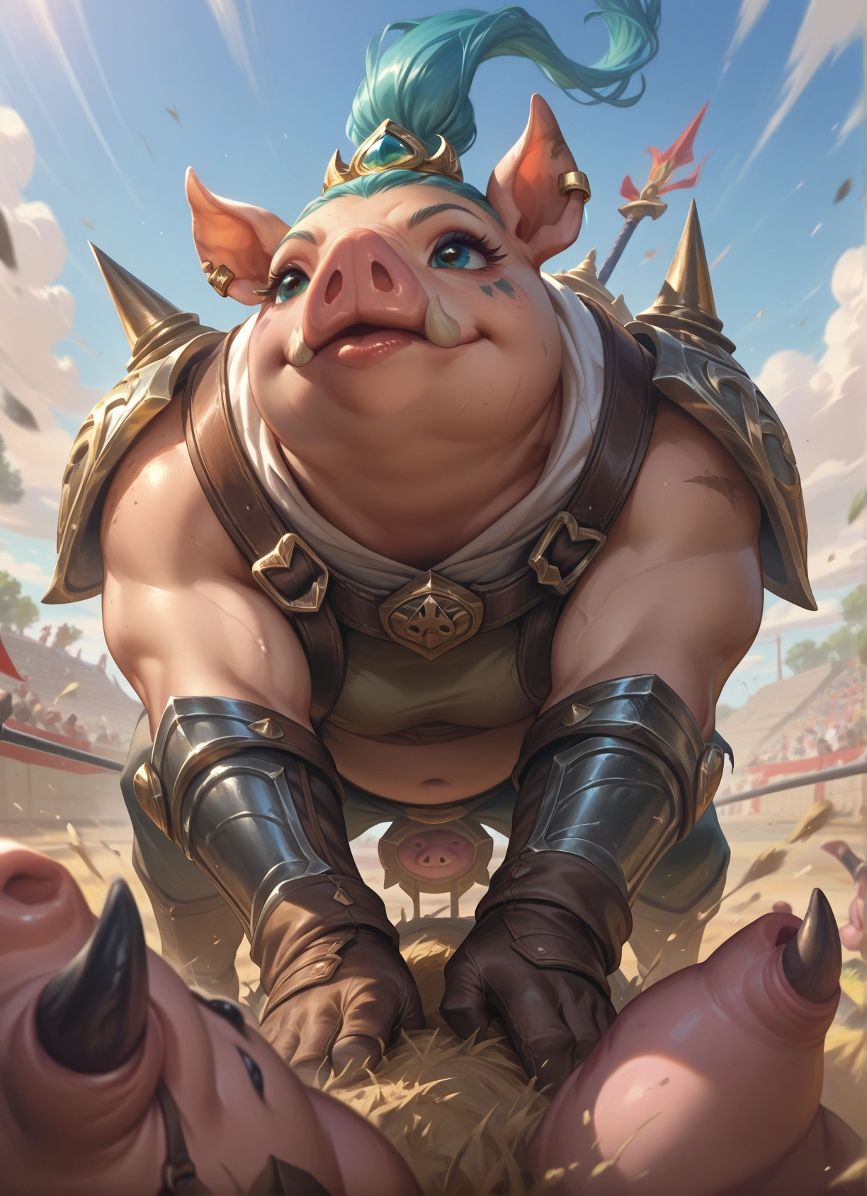 armor, weapon, animal ears, gloves, sky, pig · Yamete.gg