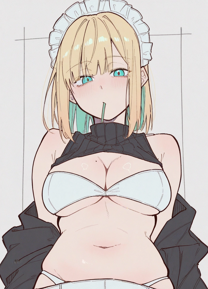 1girl, breasts, solo, maid headdress, navel, mole on breast · Yamete.gg