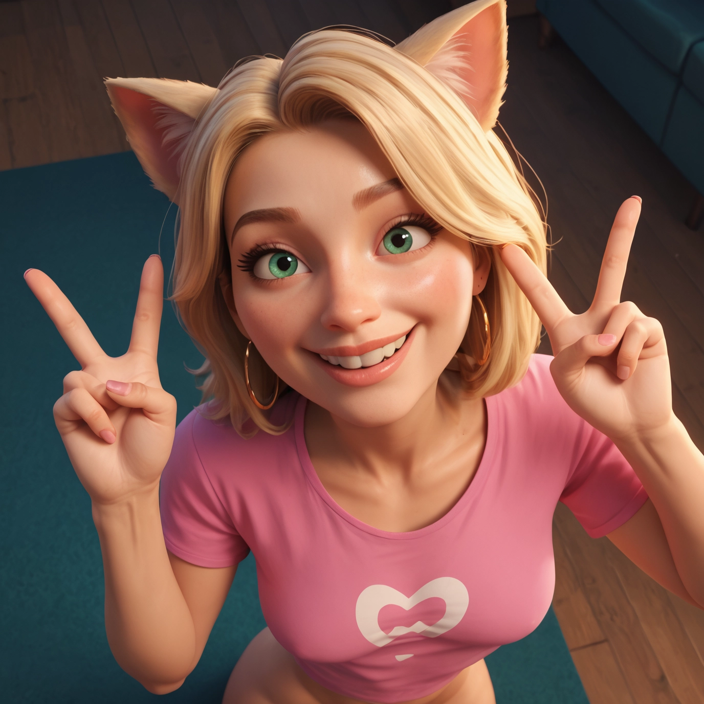 1girl, animal ears, solo, blonde hair, double v, shirt · Yamete.gg