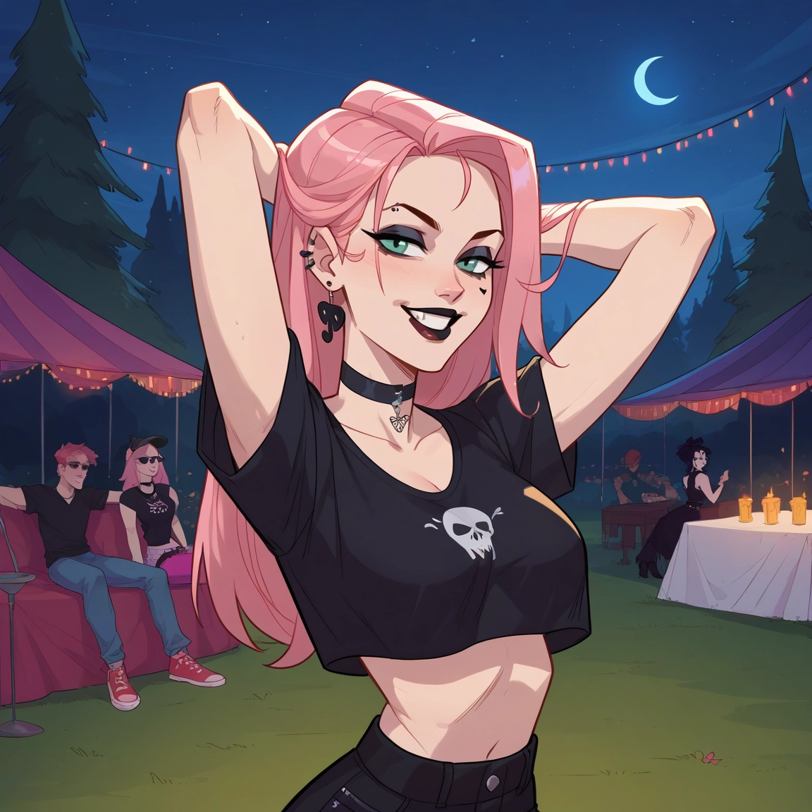 pink hair, multiple girls, choker, moon, smile, breasts · Yamete.gg