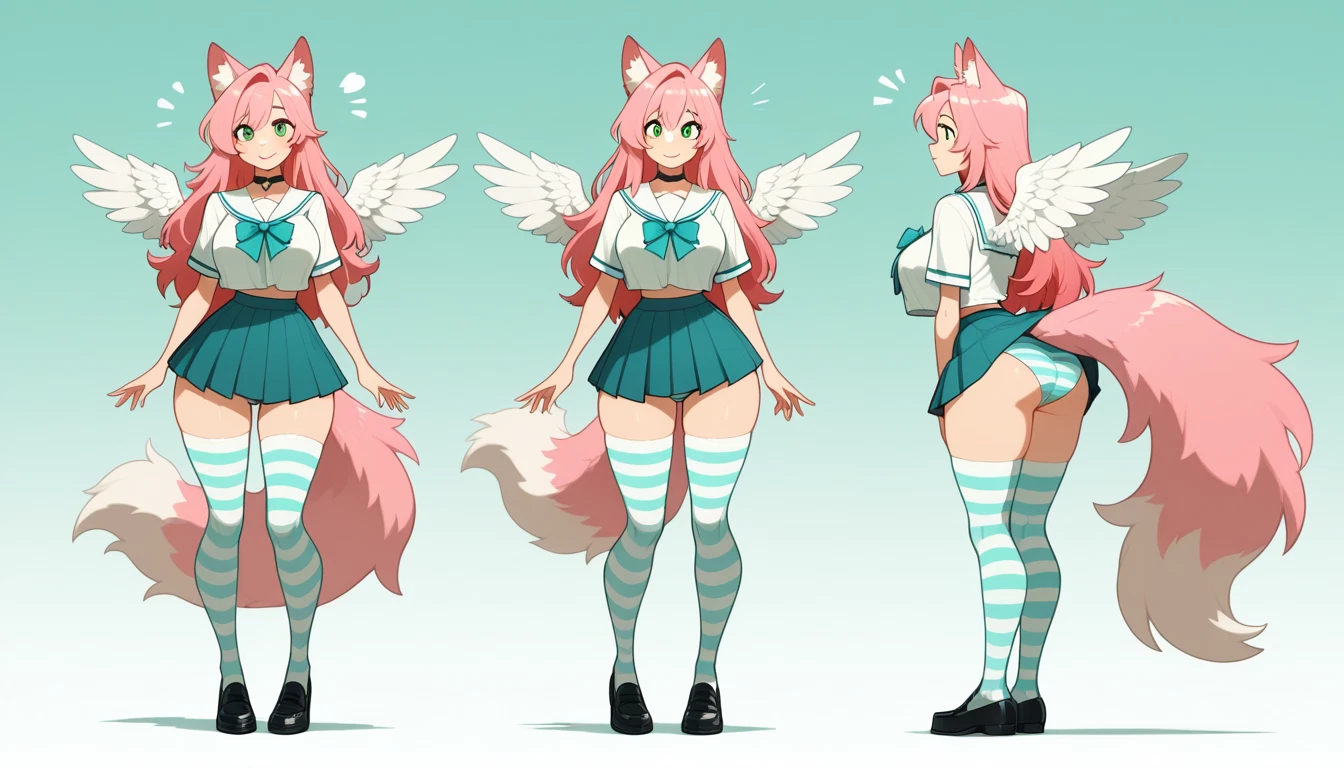 1girl, thighhighs, striped clothes, skirt, animal ears, tail