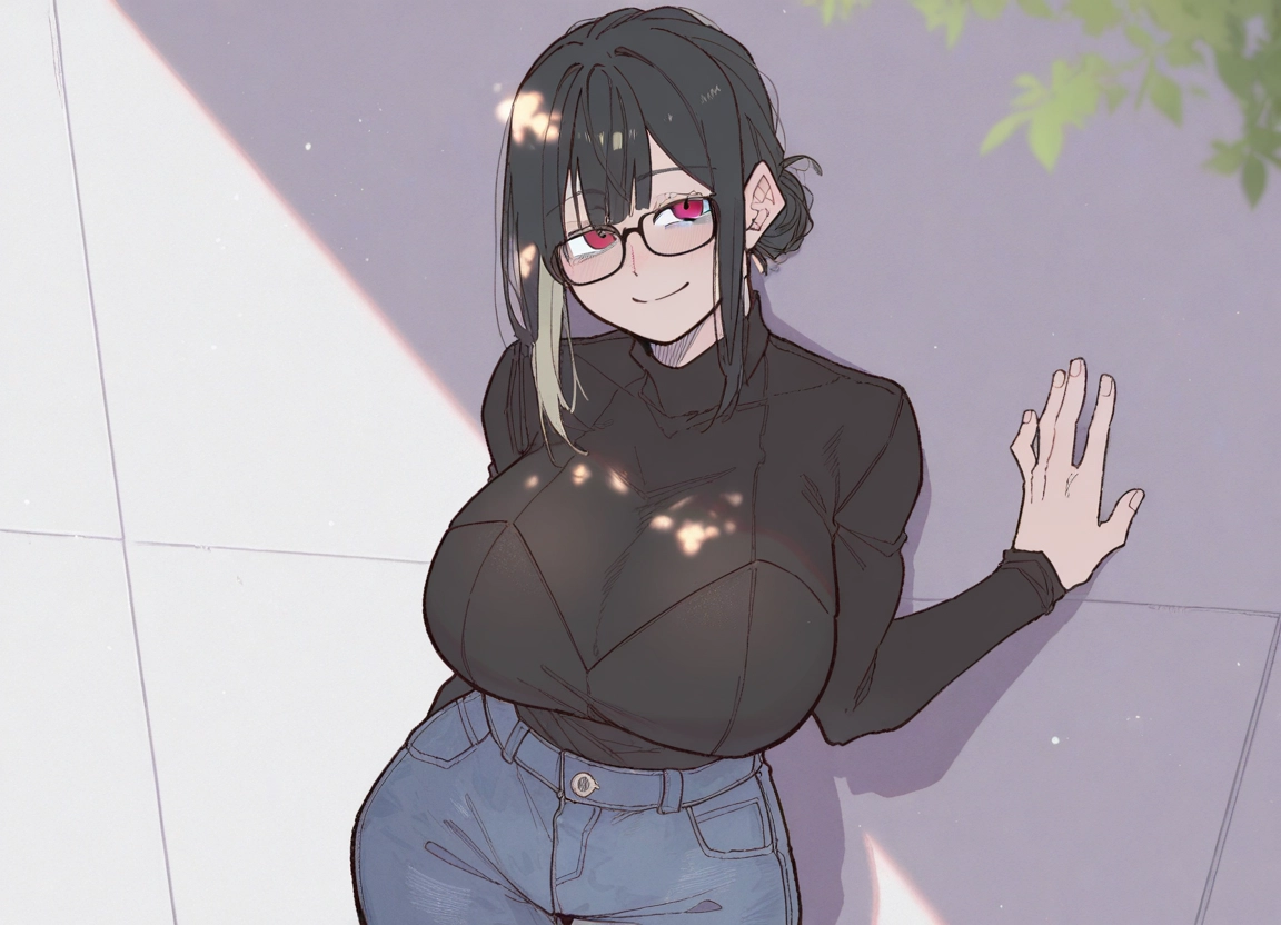 1girl, breasts, glasses, pants, denim, smile · Yamete.gg