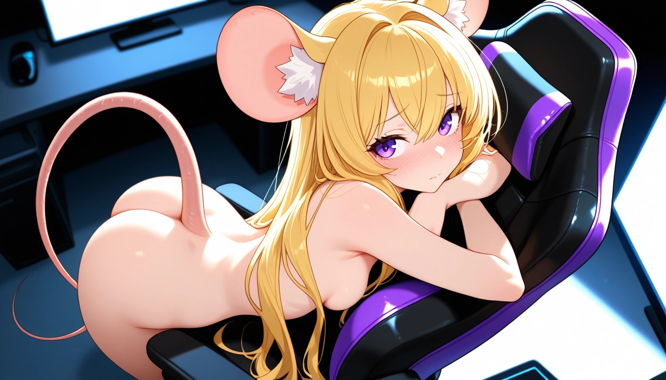 1girl, solo, purple eyes, animal ears, breasts, tail · Yamete.gg