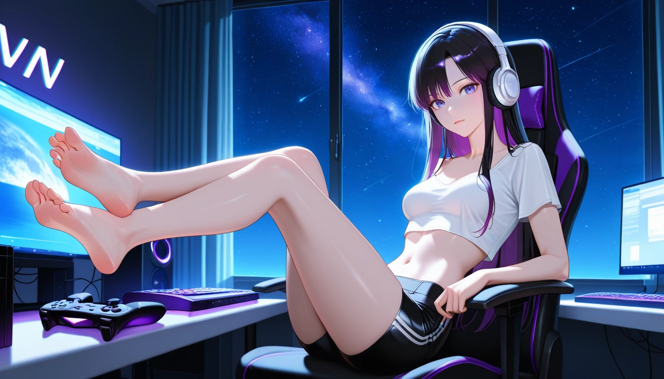 1girl, barefoot, feet, solo, toes, headphones · Yamete.gg