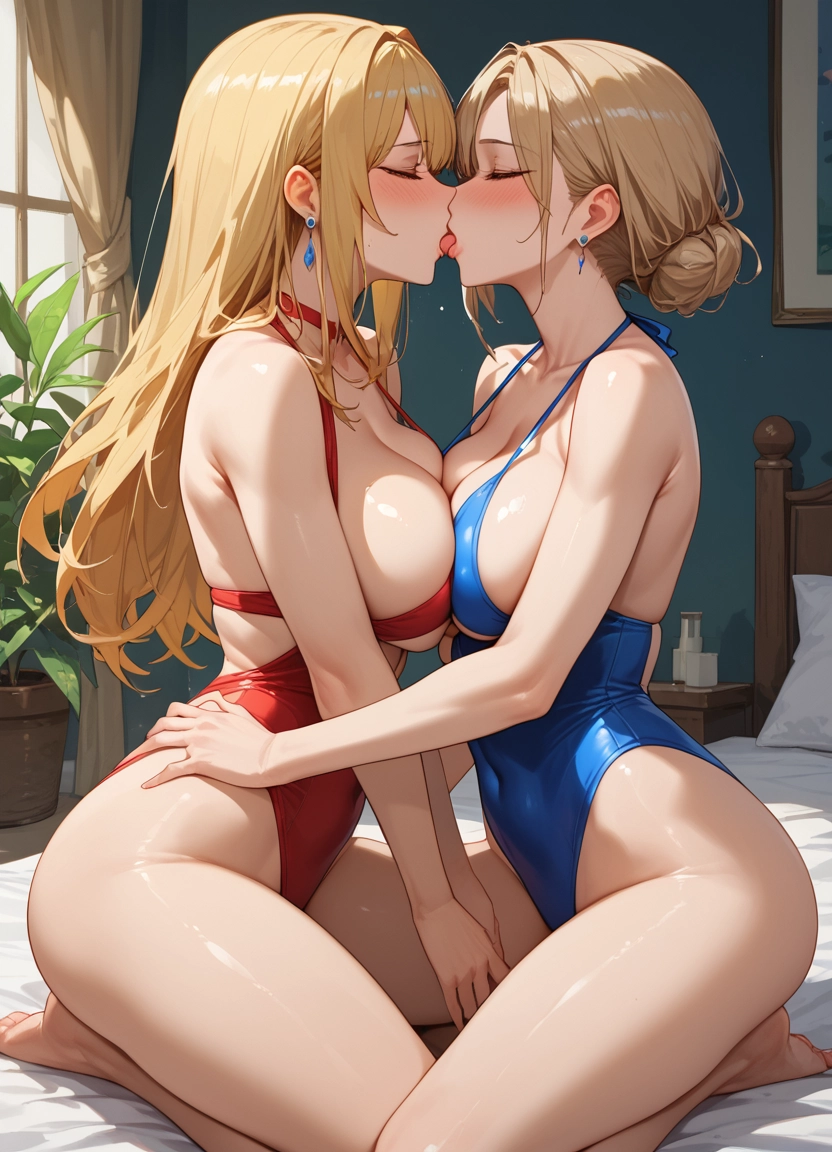breasts, multiple girls, 2girls, kiss, yuri, blonde hair · Yamete.gg