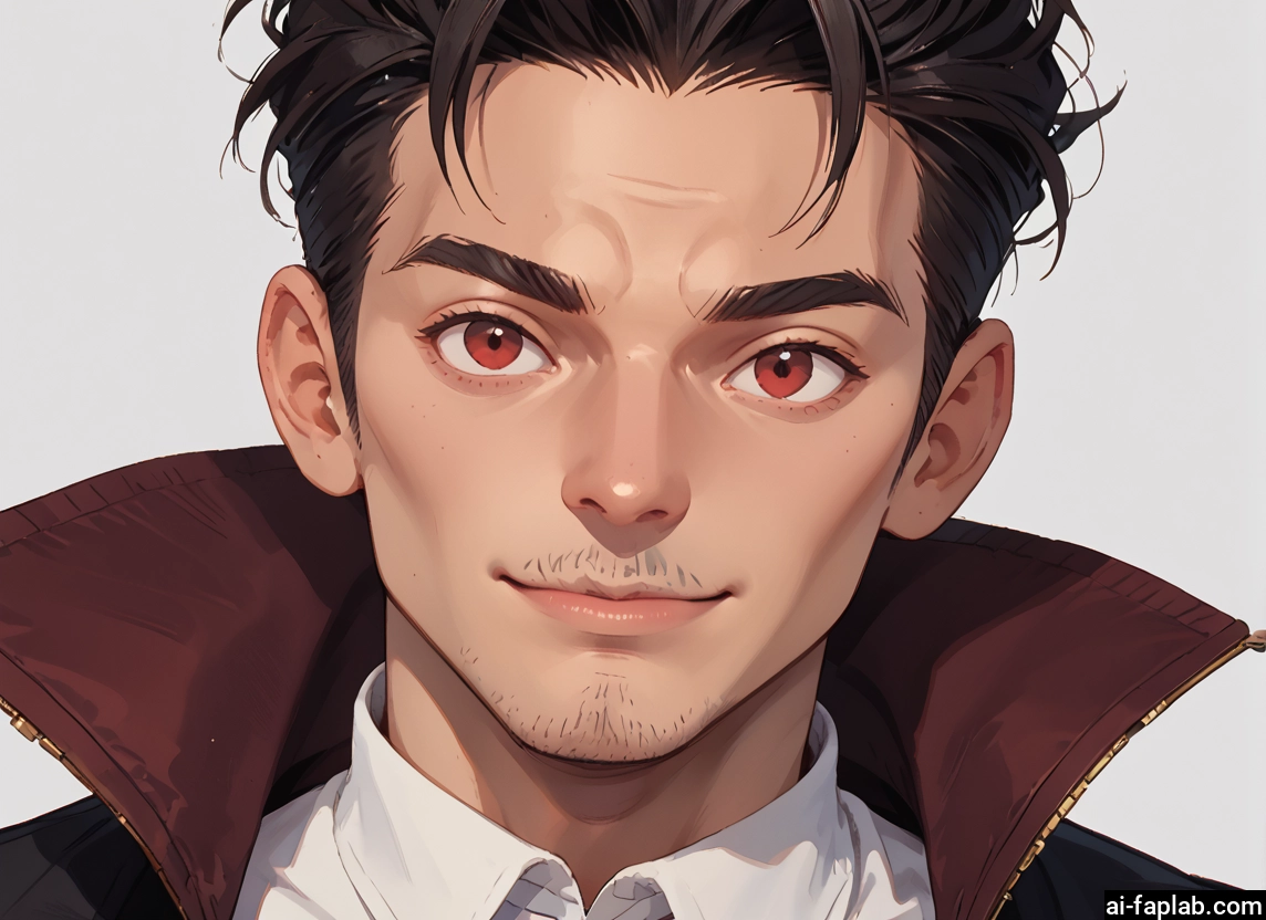 1boy, male focus, solo, facial hair, looking at viewer, red eyes · Yamete.gg