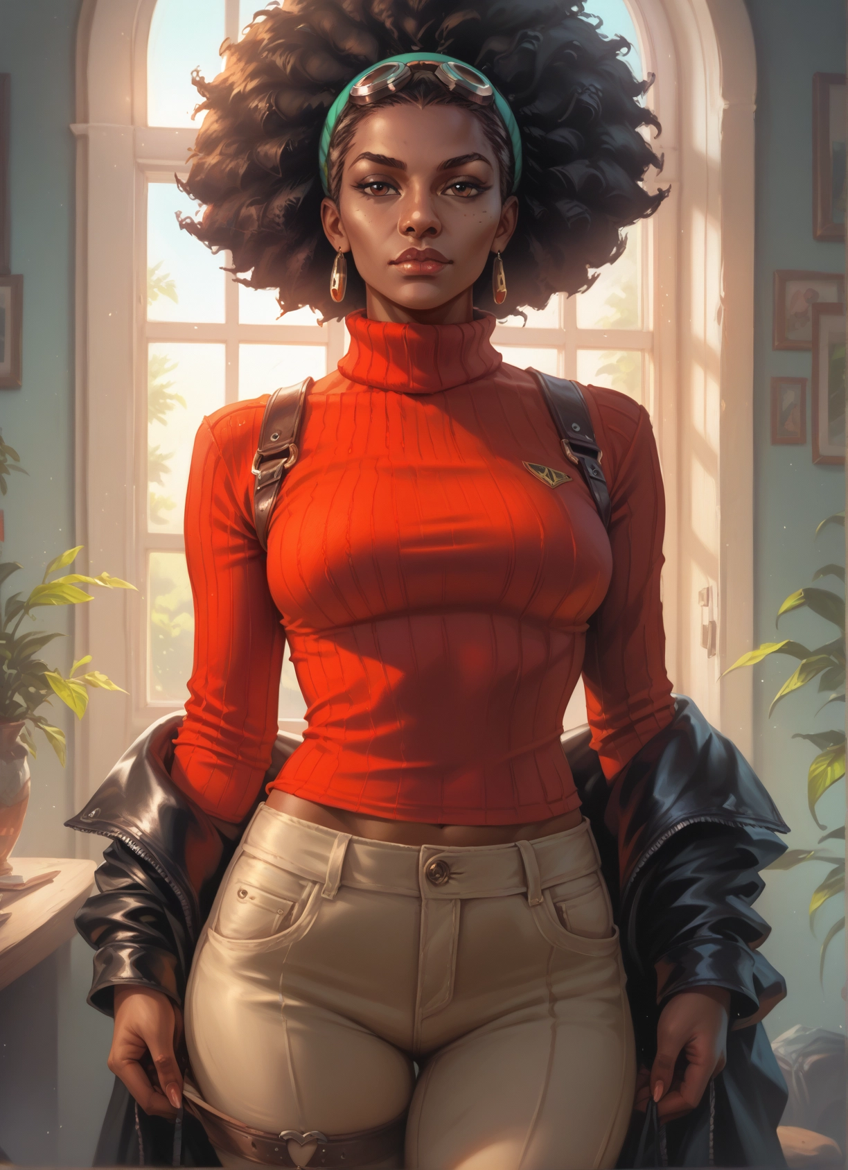 1girl, solo, jewelry, earrings, sweater, pants · Yamete.gg