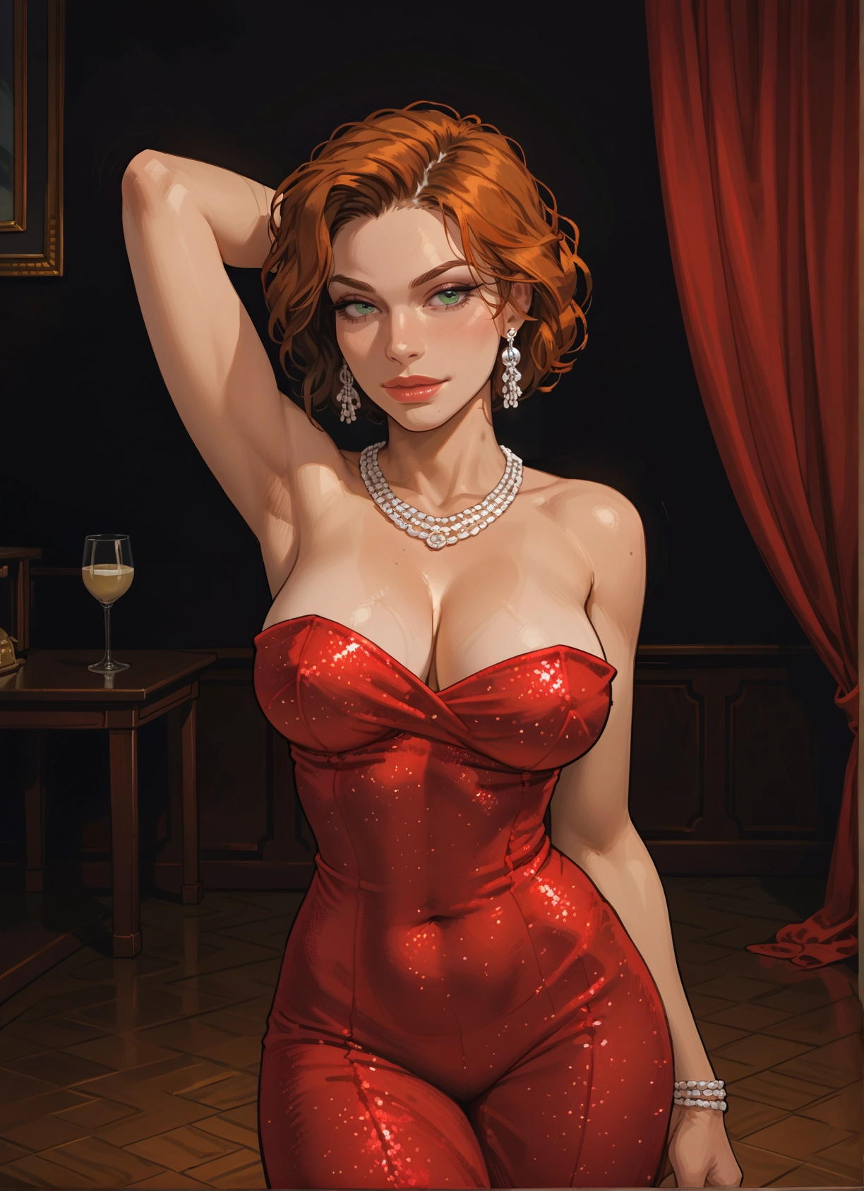 1girl, breasts, jewelry, dress, earrings, necklace · Yamete.gg