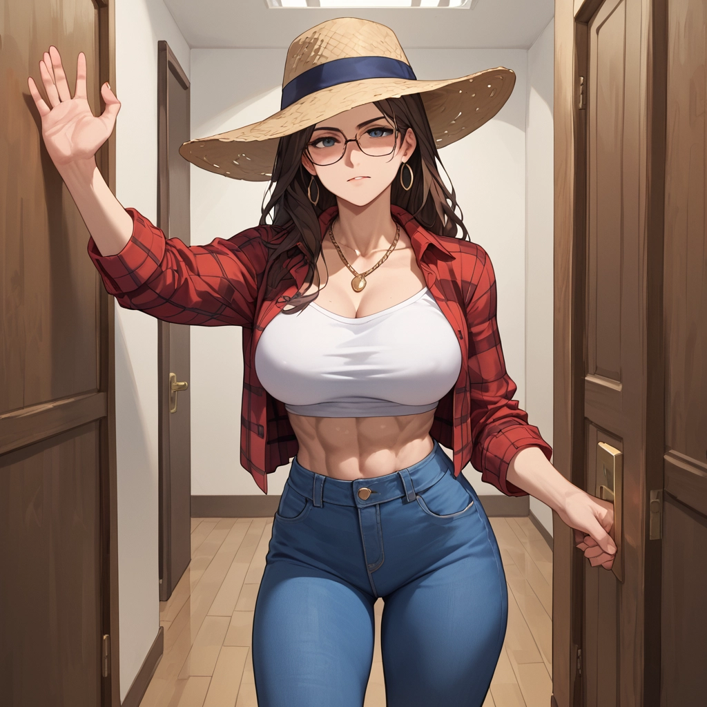 1girl, breasts, hat, jewelry, pants, earrings · Yamete.gg