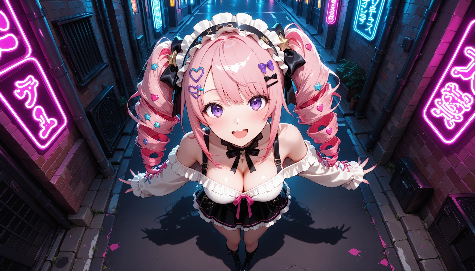 1girl, breasts, neon lights, skirt, solo, purple eyes · Yamete.gg