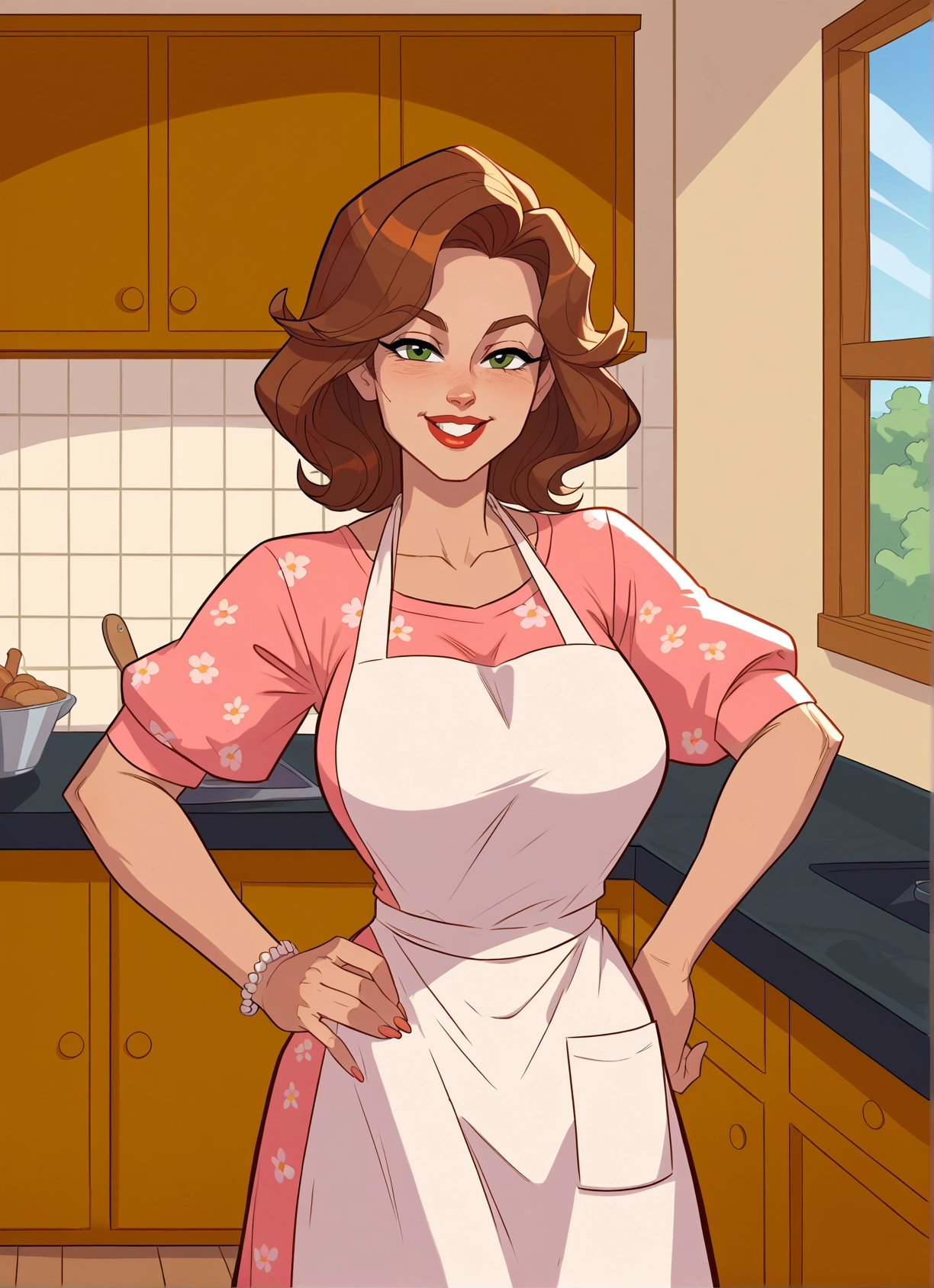 1girl, green eyes, brown hair, apron, solo, smile · Yamete.gg