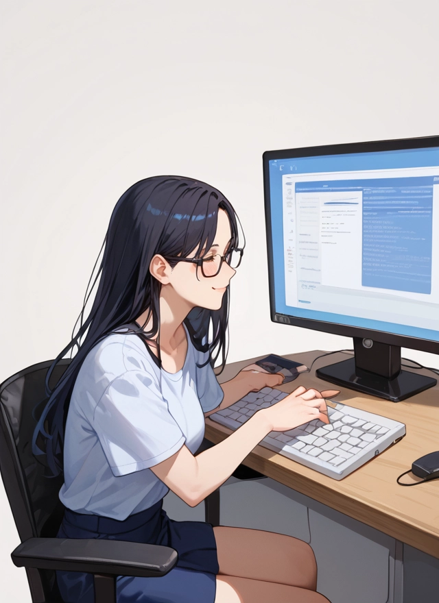 1girl, glasses, long hair, black hair, solo, skirt