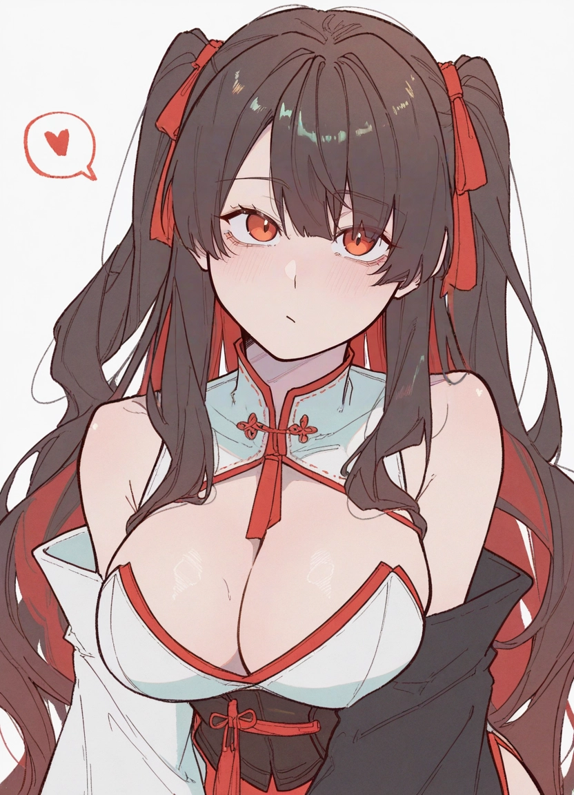 1girl, breasts, solo, cleavage, long hair, heart