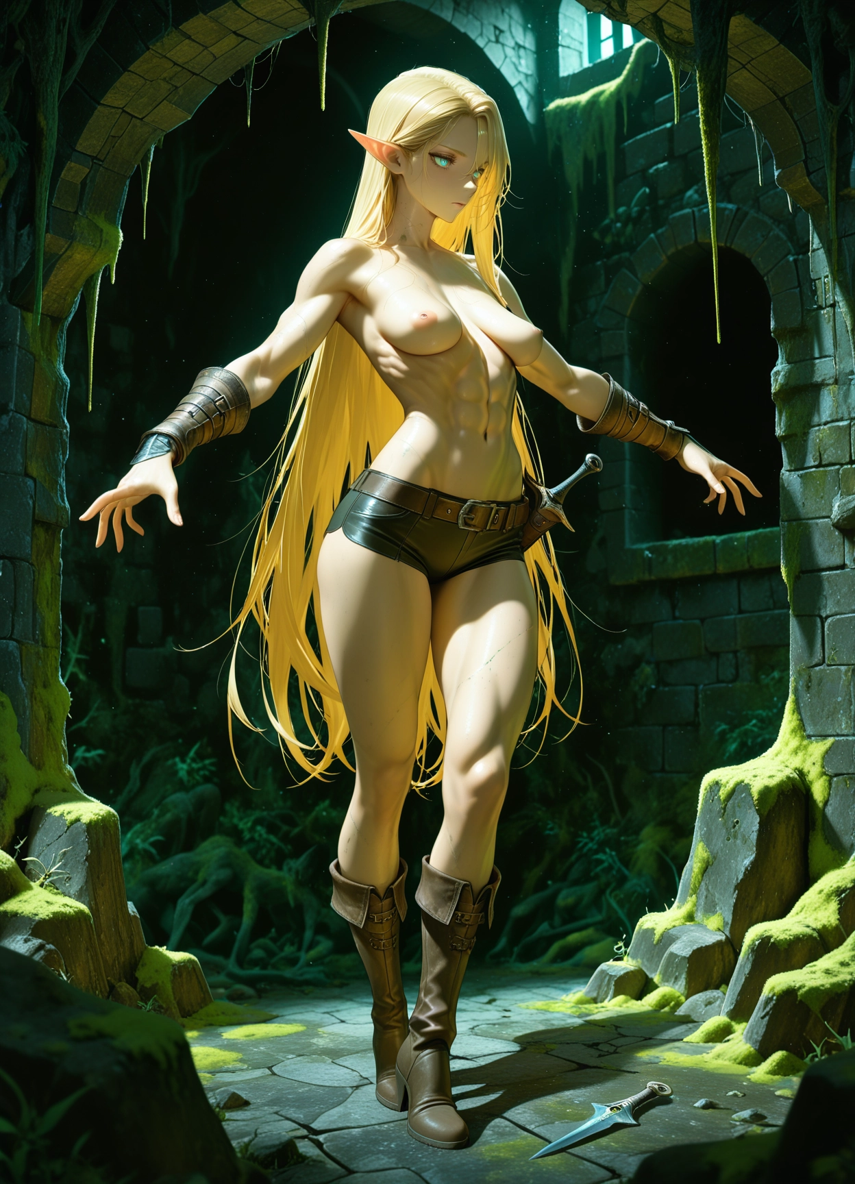 1girl, long hair, breasts, weapon, pointy ears, blonde hair · Yamete.gg