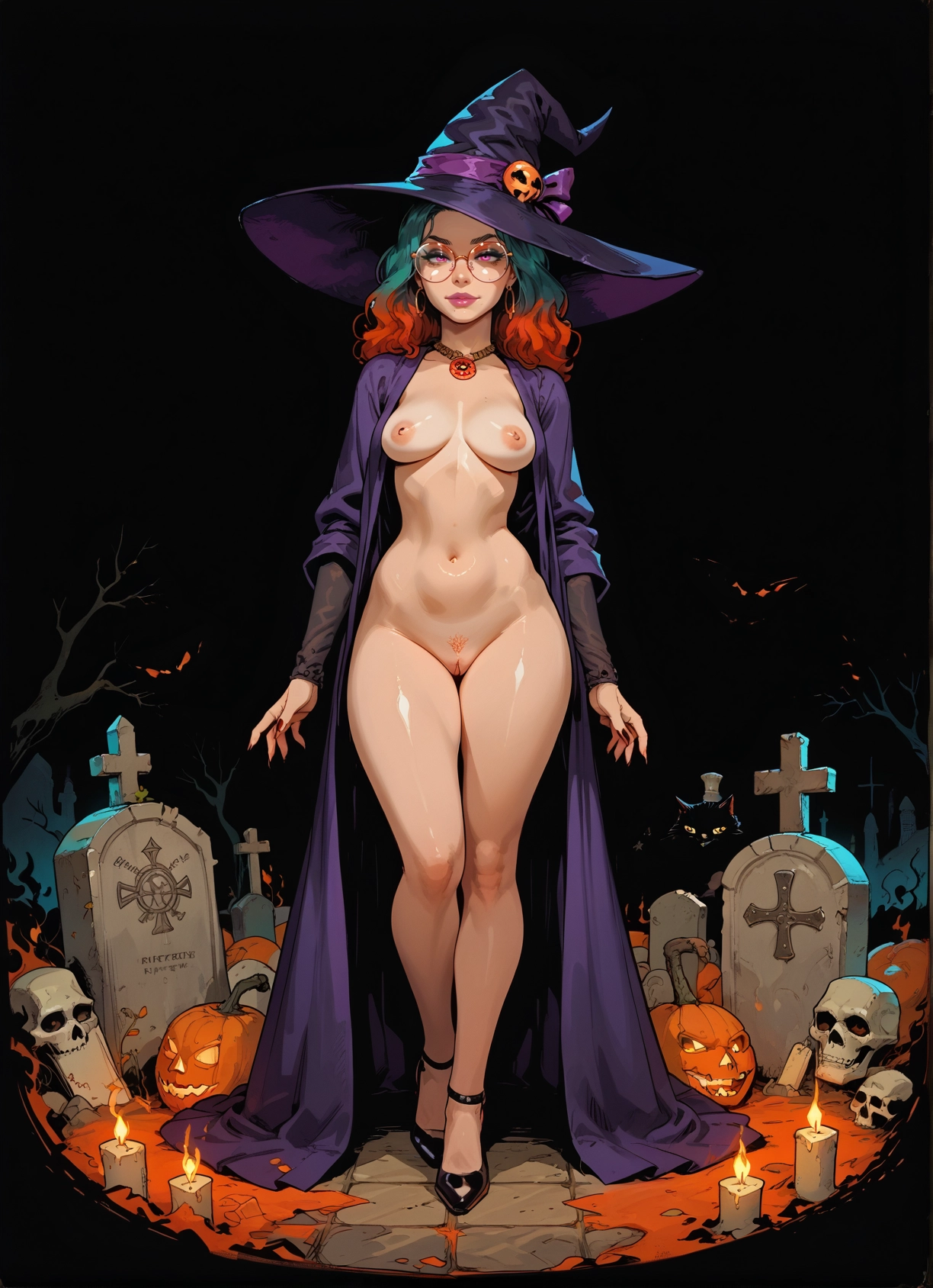 1girl, hat, breasts, nipples, witch hat, solo · Yamete.gg