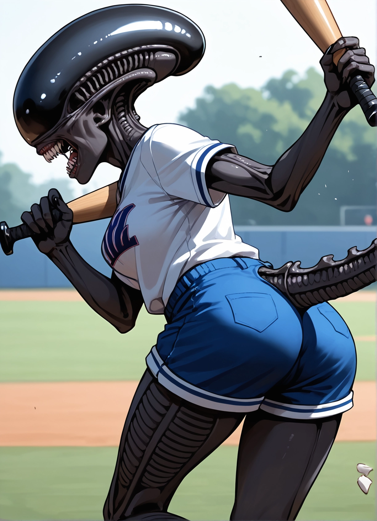 1girl, shorts, baseball bat, ass, tail, teeth · Yamete.gg