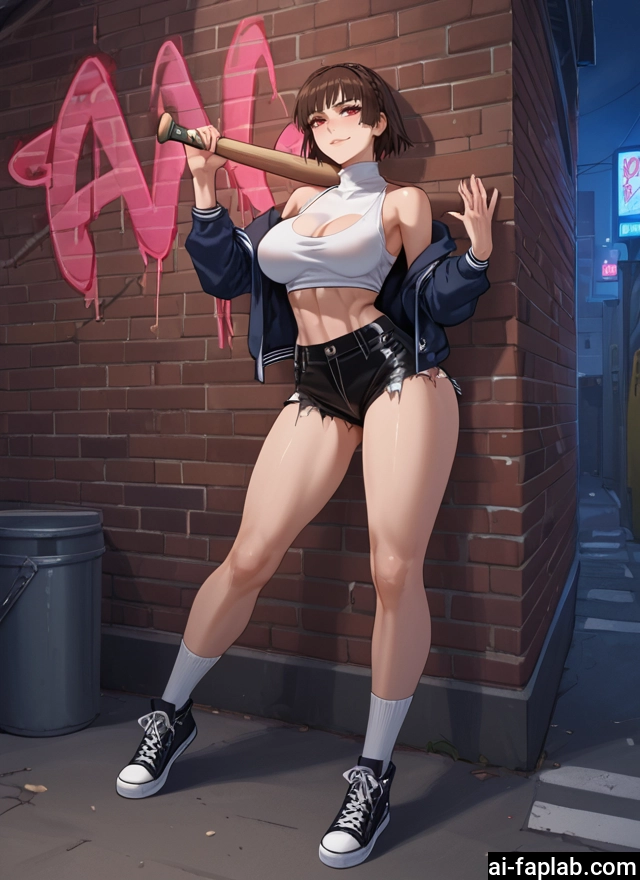 1girl, breasts, shorts, brown hair, baseball bat, solo · Yamete.gg