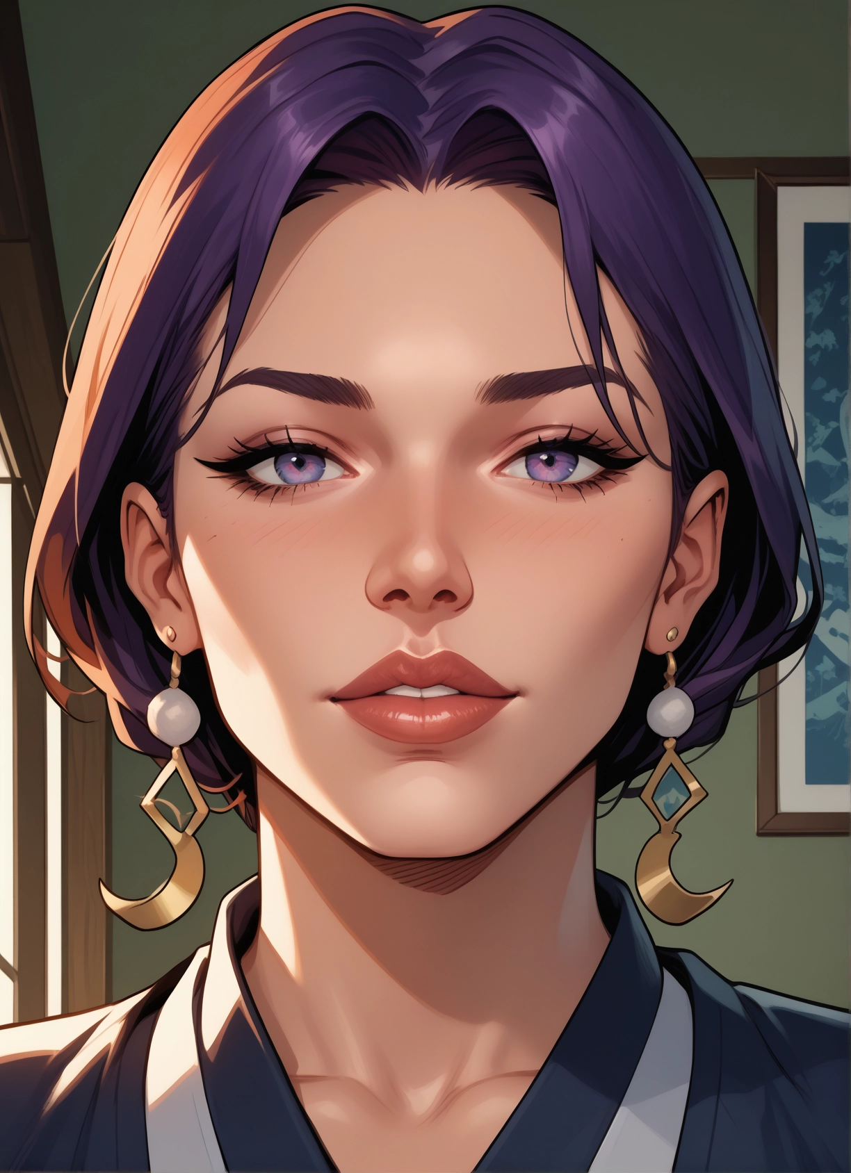 1girl, jewelry, solo, earrings, purple hair, looking at viewer · Yamete.gg