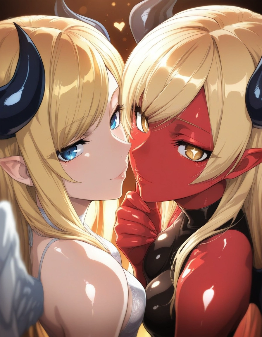 multiple girls, blonde hair, 2girls, horns, blue eyes, colored skin · Yamete.gg