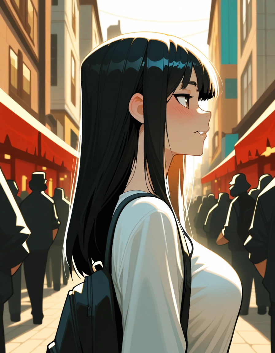 1girl, long hair, black hair, bag, breasts, blush · Yamete.gg
